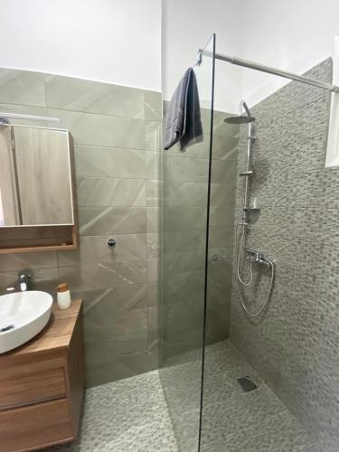 uma casa de banho com uma cabina de duche em vidro e um lavatório. em Casa Costera 2 lux apt em Kiáton
