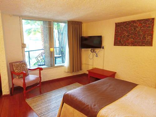 a bedroom with a bed and a tv and a window at Suite 1-A Monasterio Garden House Welcome to San Angel in Mexico City
