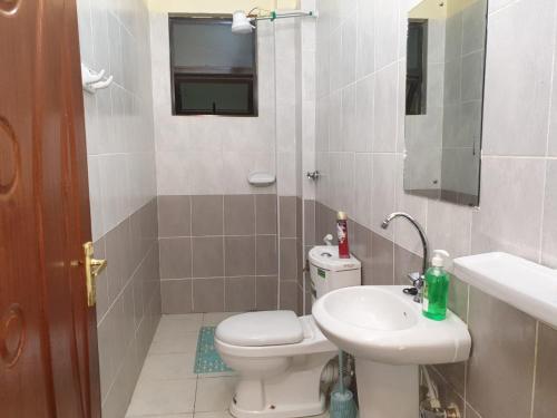La petite salle de bains est pourvue de toilettes et d'un lavabo. dans l'établissement Greysuites, à Nairobi