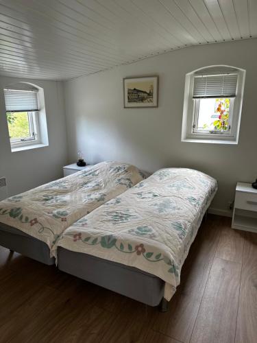a bedroom with a bed and two windows at Vejskrækgården in Fæbæk
