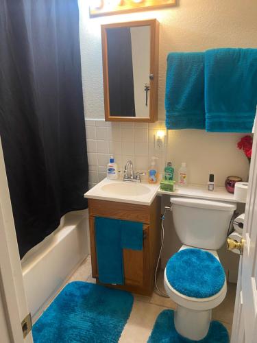 La salle de bains est pourvue de toilettes et d'un lavabo avec des tapis bleus. dans l'établissement Birdys Nest, à Las Vegas