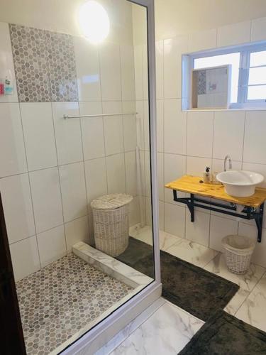 a bathroom with a shower and a sink at KleinHenties in Hentiesbaai