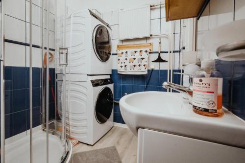 y baño con lavadora y lavamanos. en Apartament Kraju centrum z fotelem masującym en Sosnowiec
