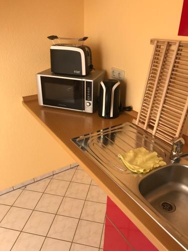 a microwave sitting on a counter next to a sink at Pension Zur Linde in Berlstedt