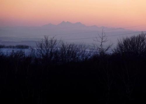 a sunset with trees and mountains in the background at Domki na Łące in Gogołów
