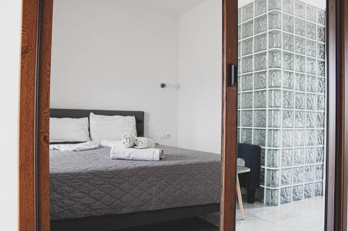 a bedroom with a bed and a glass wall at Theano Studios in Paralia Sikias