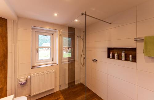ein Bad mit einer Dusche, einem WC und einem Fenster in der Unterkunft Haus Spielmann in Ehrwald