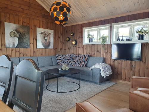 sala de estar con sofá y TV en Wonderful cabin with amazing mountain - view en Lifjell