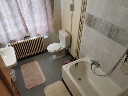 La salle de bains est pourvue de toilettes, d'un lavabo et d'une baignoire. dans l'établissement Merxotio, à Gand
