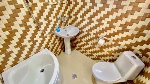 a bathroom with a white toilet and a sink at Lia's Guest House in Sighnaghi