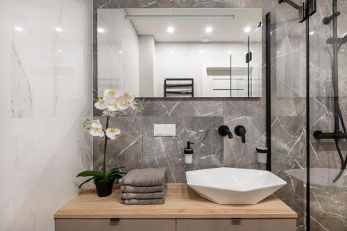 ein Badezimmer mit einem weißen Waschbecken und einer Dusche in der Unterkunft Žalia kopa Metropolis Vilnius in Vilnius