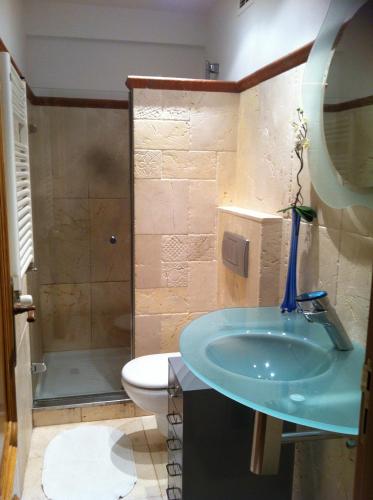 a bathroom with a blue sink and a toilet at Orio - Acogedor - WIFI in Orio