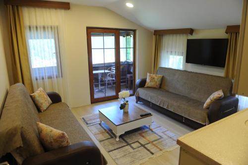 uma sala de estar com dois sofás e uma mesa de centro em Er-Konak Suit Apart em Uzungol