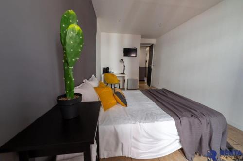 - une chambre avec un lit avec un cactus dans l'établissement Chambre 2 René Cassinbalcon Wifi Mini-frigo TV, à Nice