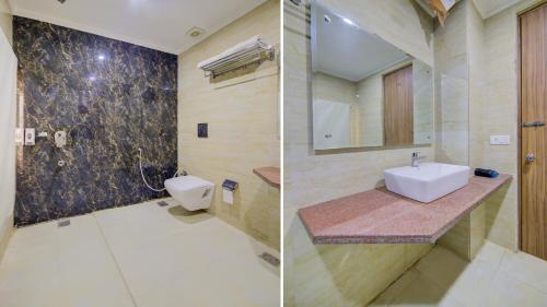 two pictures of a bathroom with a sink and a toilet at Hotel Grand Suites By D Capitol- New Delhi Airport in New Delhi