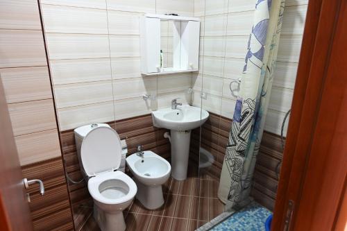 a small bathroom with a toilet and a sink at Iris apartaments in Sakës