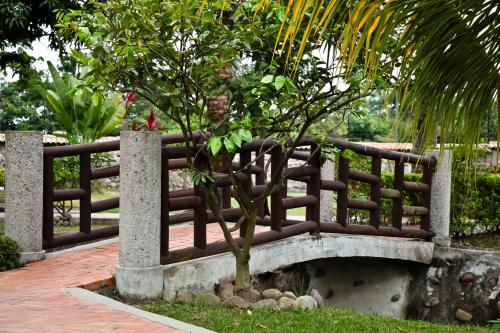 a wooden bridge with a small tree on it at Hotel Boutique Villas de San Sebastián in Villavicencio