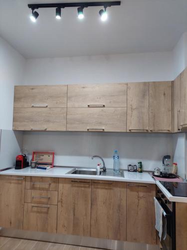 a kitchen with wooden cabinets and a sink at Gex apartments in Tirana