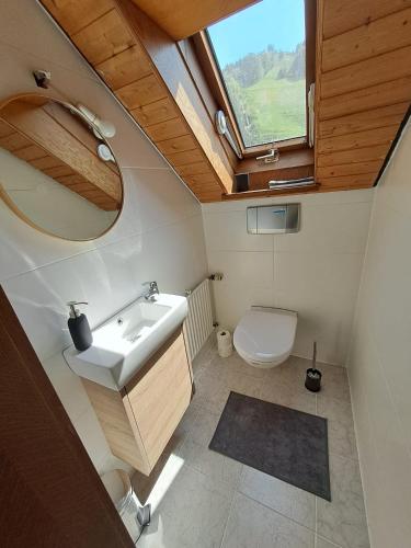 a bathroom with a sink and a toilet with a window at Schwarzwaldstüble 