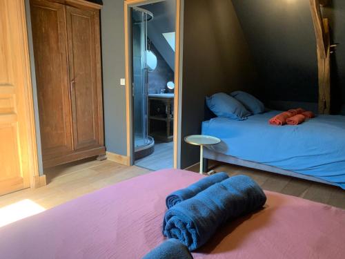 a bedroom with two beds and a mirror at Maison déco avec jardin Tours Châteaux de la Loire in Charentilly