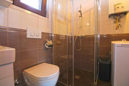 a bathroom with a toilet and a glass shower at House Stella 1319 in Valtura