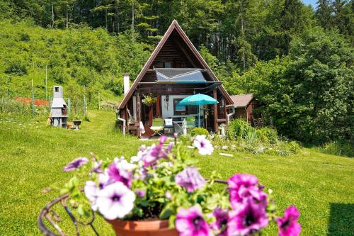 a small cabin with flowers in front of it at Emerald Bell Cottage - Smaragdni Zvonček in Gomilsko