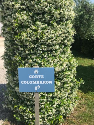 um sinal azul na frente de um arbusto em CORTE COLOMBARON vicino a Gardaland em Ronchi