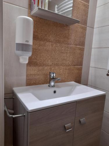 uma casa de banho com um lavatório branco e um espelho. em Orion Panzió em Hajdúszoboszló