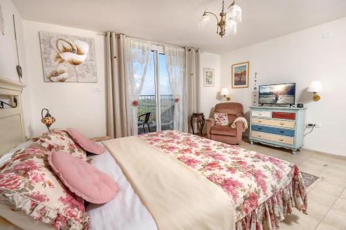 a bedroom with a bed and a chair and a television at Suite Kolibri in Galilee in Semadar