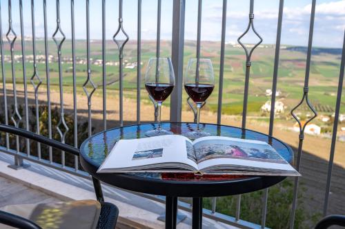 a table with a book and two glasses of wine at Suite Kolibri in Galilee in Semadar