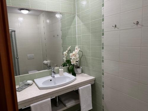 a bathroom with a sink and a mirror at Senjorų Eldoradas apartments in Žemaičių Naumiestis