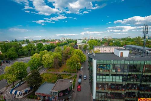 an aerial view of a city with a building at Studio zona Țiglina Flori in Galaţi