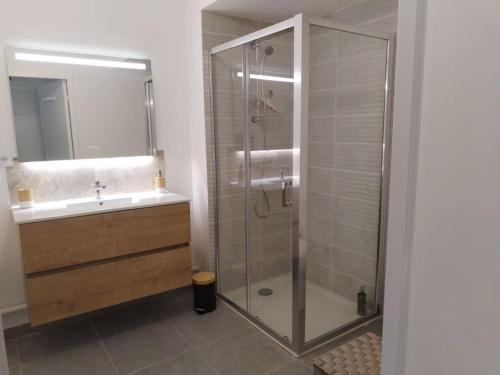 uma casa de banho com um chuveiro e um lavatório. em Appartement neuf classé, balcon et petite vue mer em Pléneuf-Val-André