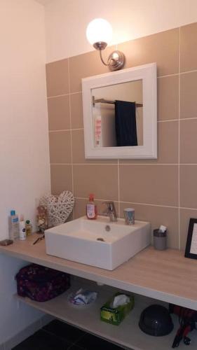 une salle de bain avec un lavabo blanc et un miroir dans l'établissement Maison de vacances à 8 min des plages par un chemin enchanteur, à Fouesnant