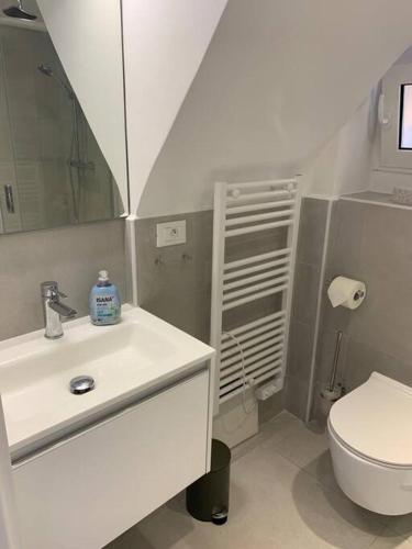 une salle de bain blanche avec un lavabo et des toilettes dans l'établissement Villa Capodanna, au coeur de la vieille ville, rooftop avec magnifique vue sur la mer, à Menton