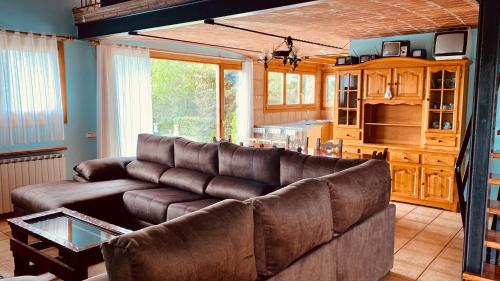 a living room with a brown couch and a kitchen at Apartamentos Els Ocells in Camprodon