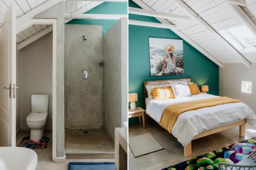 two images of a bedroom with a bed and a bathroom at Casa Rene in Paternoster