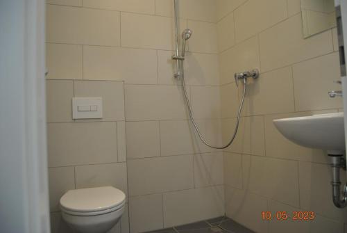 a bathroom with a shower and a toilet and a sink at Zimmervermietung Eberswalde in Eberswalde