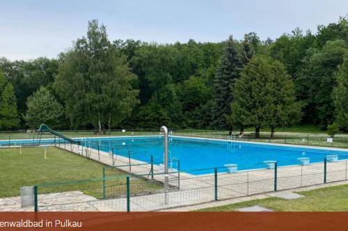 a large blue swimming pool with stairs in a park at Alte Seifensiederei zu Pulkau in Pulkau