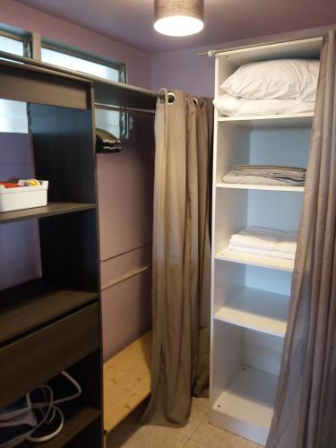 a bedroom with a bunk bed and a closet at Villa verte in Le Robert