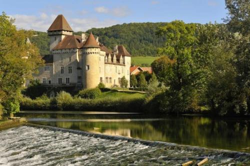 a castle with a river in front of it at Chalet 1 chambre in Chenecey-Buillon