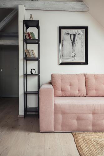 a living room with a pink couch and a shelf at Greatview Banensium Apartment in Banská Štiavnica