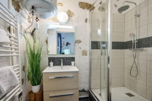 ein Bad mit einer Dusche, einem Waschbecken und einer Dusche in der Unterkunft Cabana & Le Petit Rousseau - Proche du Lac in Annecy