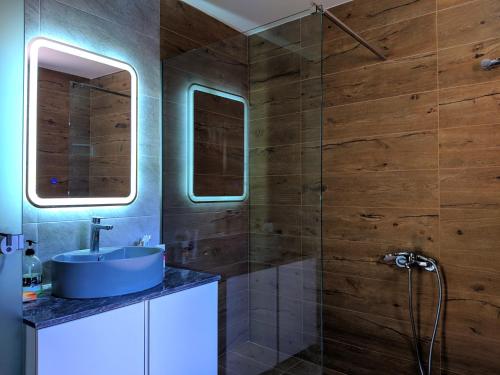 a bathroom with a sink and a glass shower at LANDR House in Pandokrátor