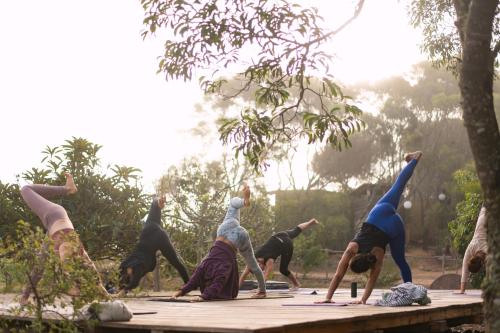 un grupo de personas haciendo una pose de yoga en una mesa en Soul Farm Algarve - Glamping & Farm Houses, en Aljezur