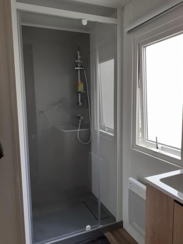 サン・ジャン・ド・モンにあるmobilhomeのバスルーム(ガラス張りのシャワー、シンク付)