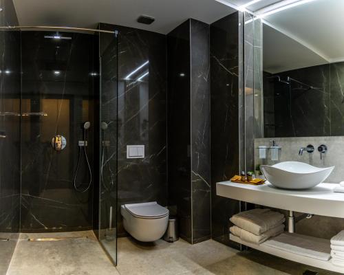 HOTEL NOVA LUXURY في تارغوفيست: حمام مع دش ومغسلة ومرحاض