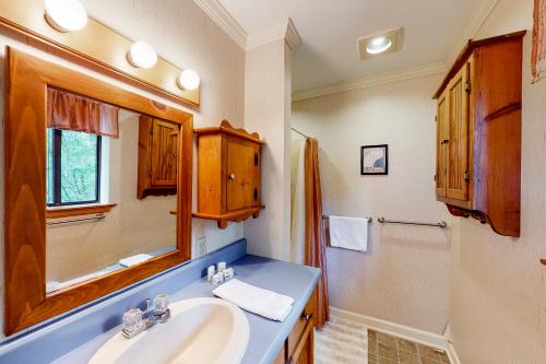 uma casa de banho com um lavatório, um espelho e um chuveiro em The Cozy House em Trenton