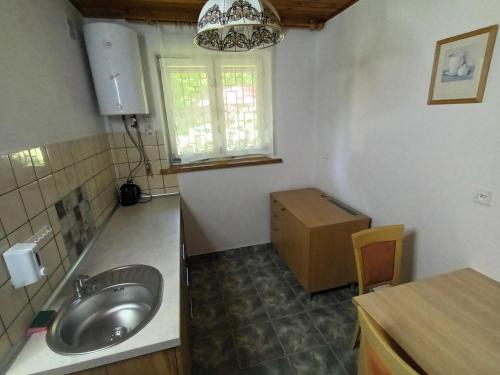 にあるLipowy Przylądek- Domek 18のバスルーム(シンク、窓、テーブル付)
