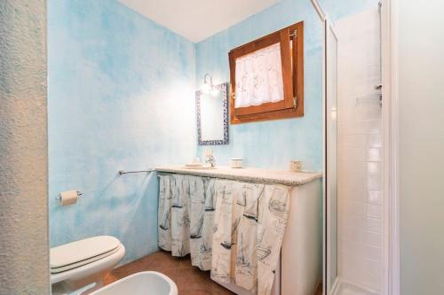 a blue bathroom with a sink and a toilet at Residenze Coda Cavallo - Punta Aldia - Casa delle Sughere in Puntaldia